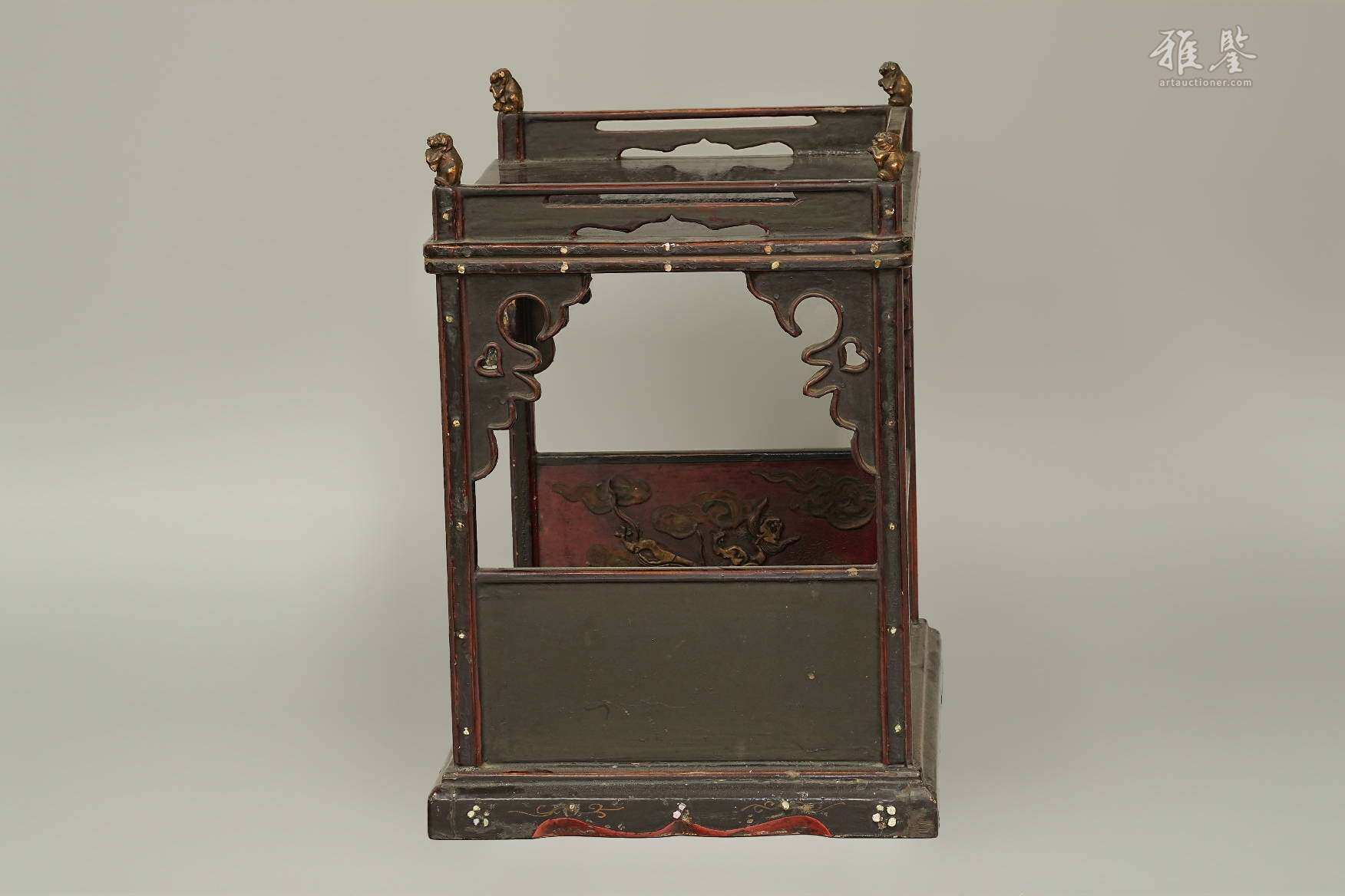 明末清初 嵌螺钿朱漆金彩茶棚 日本桐箱附