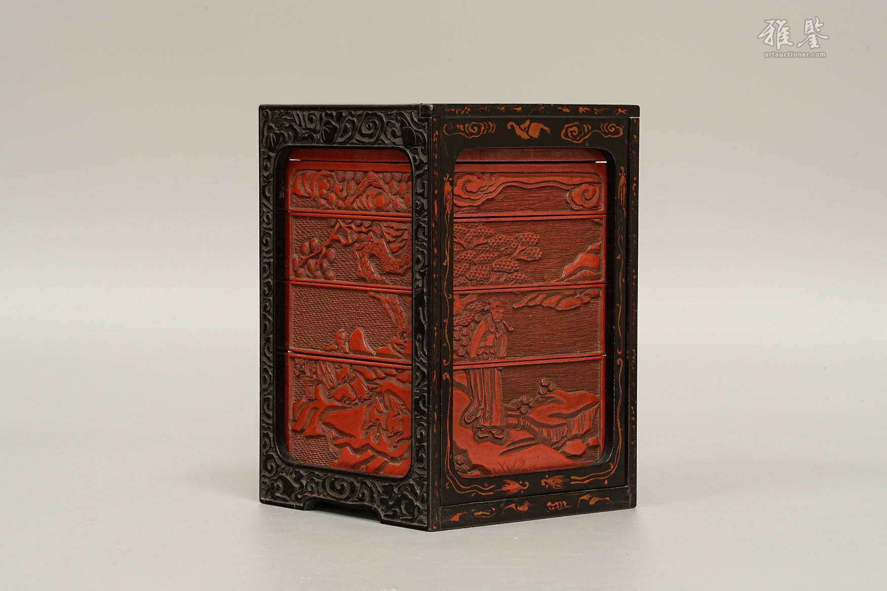 明 堆朱人物四层盒 日本桐箱附